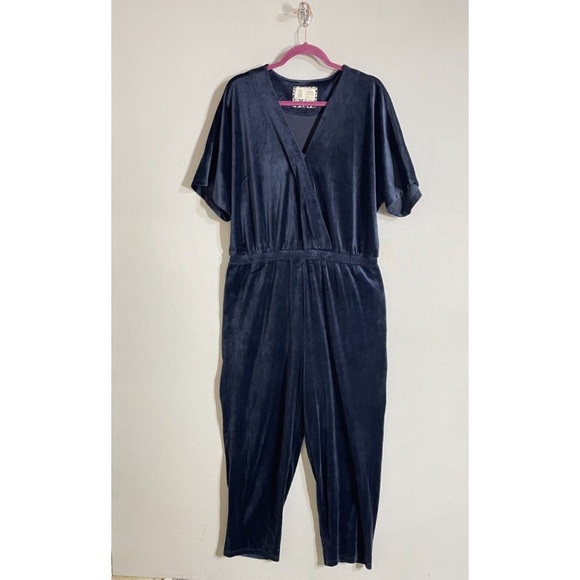 Anthropologie Saturday Sunday Jumpsuit Women L Blue Velvet Lounge Classic - Picture 2 of 9
